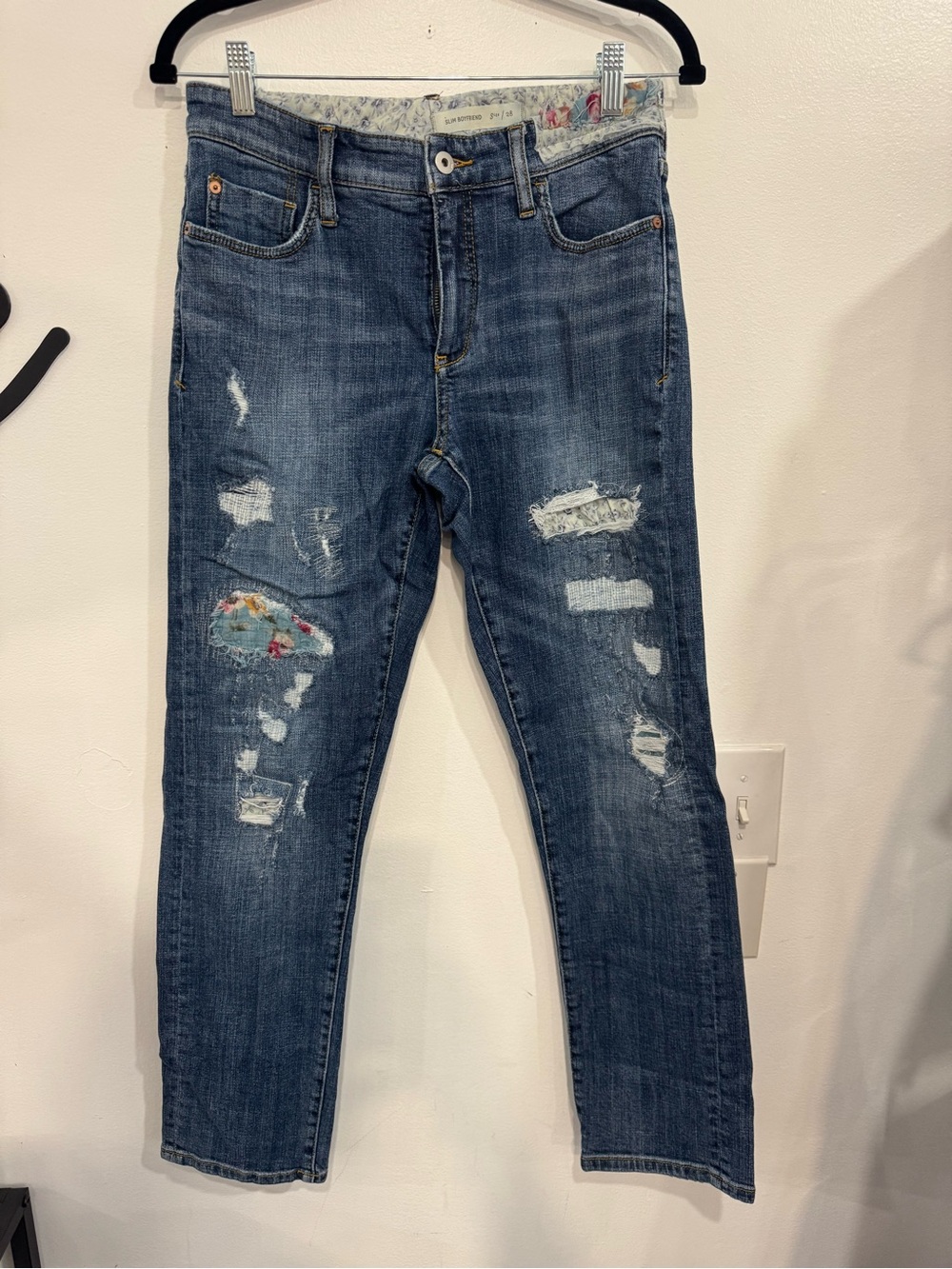 Pilcro Distressed Blue Boyfriend Jeans with Floral Patch Detail